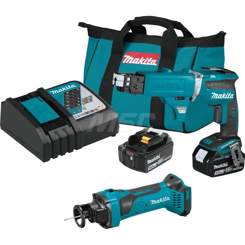 Cordless Tool Combination Kit: 18V, 2 Pc (1) 18V LXT Brushless 4000 RPM Drywall Screw Driver (XSF03Z), (1) 18V LXT Cut-Out Tool (XOC01Z), (1) 18V LXT Lithium-Ion Rapid Optimum Charger (DC18RC), (2) 18V LXT Lithium-Ion 5.0Ah Battery (BL1850B), (1) Collated