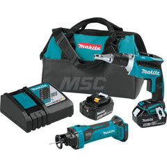 Cordless Tool Combination Kit: 18V, 2 Pc (1) 18V LXT Brushless 4000 RPM Drywall Screw Driver (XSF03Z), (1) 18V LXT Cut-Out Tool (XOC01Z), (1) 18V LXT Lithium-Ion Rapid Optimum Charger (DC18RC), (1) 14″Contractor Tool Bag (831253-8), (2) 18V LXT Lithium-Io