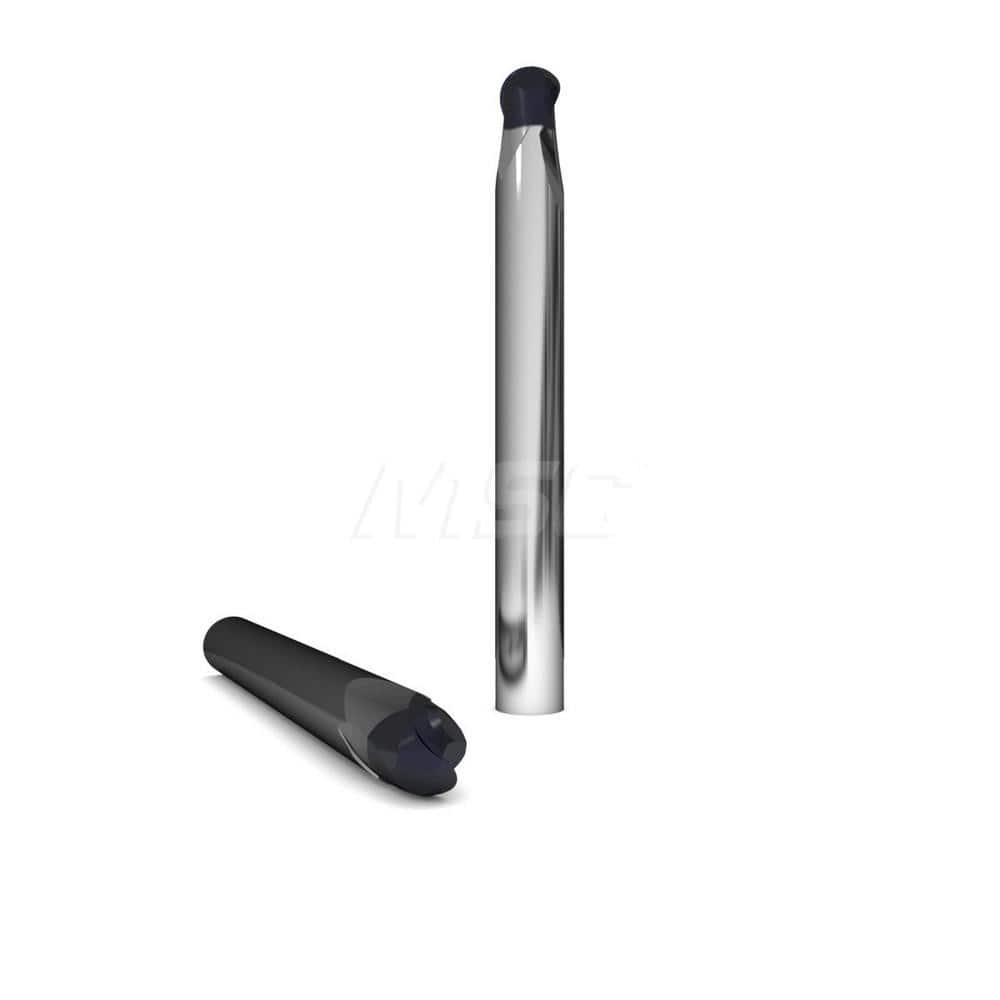 Ball End Mill: 0.0938″ Dia, 2 Flute, Solid Carbide 3″ OAL, 1/4″ Shank Dia, 30 ° Helix, nACo Coated, Single End, Series 1050 & DM2