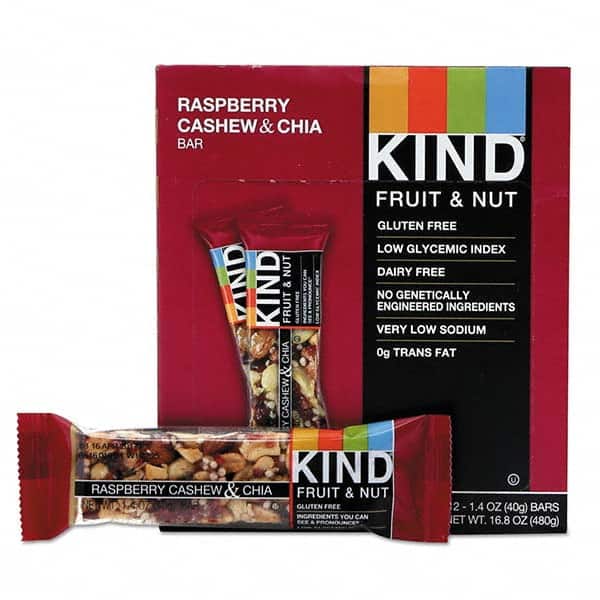 KIND - Snacks, Cookies, Candy & Gum Breakroom Accessory Type: Granola Bars Breakroom Accessory Description: Fruit and Nut Bars, Raspberry Cashew & Chia, 1.4 oz Bar, 12/Box - Industrial Tool & Supply