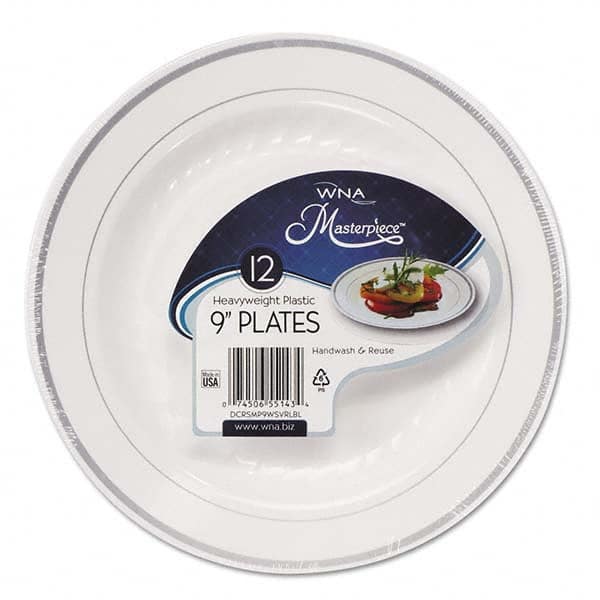 WNA - Masterpiece Plastic Plates, 9 in, White w/Silver Accents, Round, 120/Carton - Industrial Tool & Supply