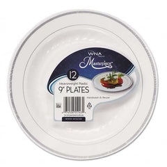 WNA - Masterpiece Plastic Plates, 9 in, White w/Silver Accents, Round, 120/Carton - Industrial Tool & Supply