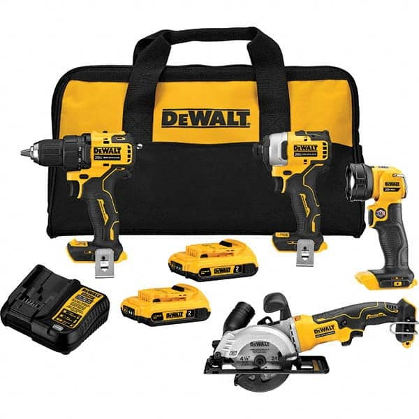 Cordless Tool Combination Kit: 20V (2) DCB 2.0Ah Batteries, 1/2″Drill/Driver, 1/4″Impact Driver, Charger, Circular Saw, Kit Bag, Work Light