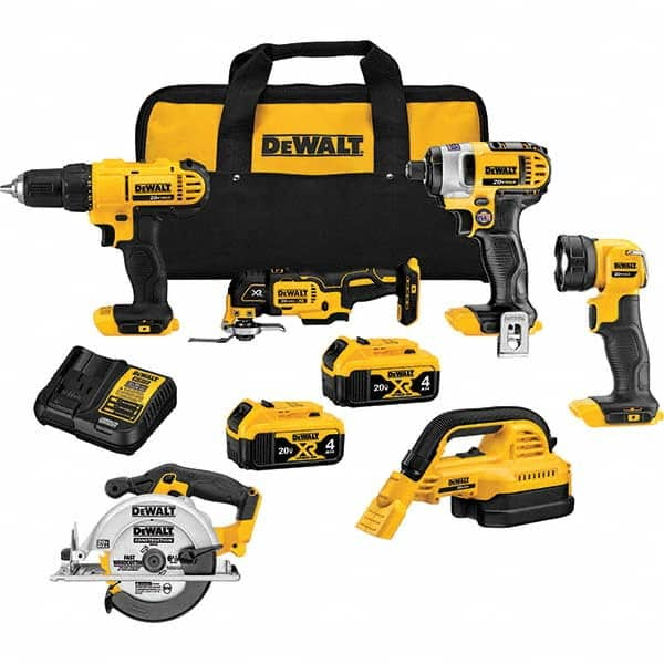 DeWALT - Cordless Tool Combination Kits Voltage: 20 Tools: 1/2" Drill/Driver; 1/4" Impact Driver; Wet-Dry Vacuum; Work Light; 6-1/2" Circular Saw; Oscillating Multi-Tool - Industrial Tool & Supply