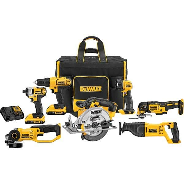 DeWALT - Cordless Tool Combination Kits Voltage: 20 Tools: 1/2" Drill/Driver; 1/4" Impact Driver; 6-1/2" Circular Saw; Work Light; Reciprocating Saw; Grinder; Blue Tooth Speaker - Industrial Tool & Supply