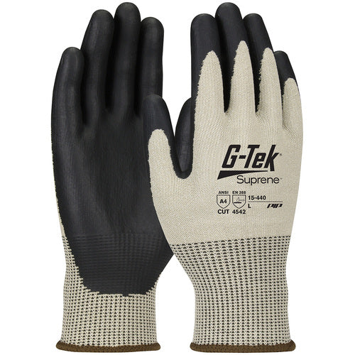 ‎15-440/S Coated Gloves w/Polykor - G-Tek Suprene - Tan 13G Nano Shell - Black Neofoam Grip - A4 - Exact Industrial Supply