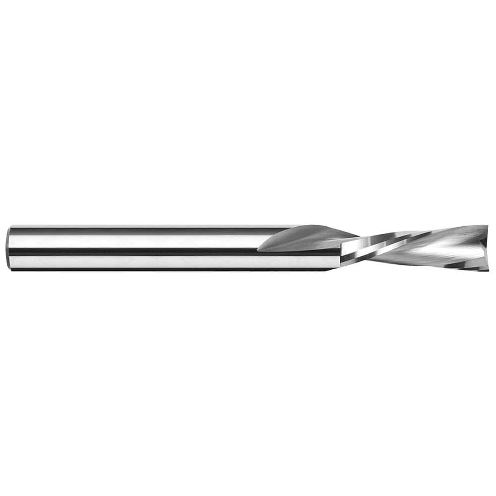 Square End Mill: 1/16'' Dia, 3/32'' LOC, 1/8'' Shank Dia, 1-1/2'' OAL, 2 Flutes, Solid Carbide Single End, Uncoated, Downcut Flute, 20 ° Helix, Centercutting, RH Cut, RH Flute