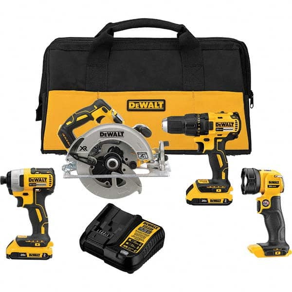 DeWALT - Cordless Tool Combination Kits Voltage: 20 Tools: Brushless 1/2" Cordless Drill/Driver; Brushless 1/4" Cordless Impact Driver; Brushless XR 7-1/4 Circular Saw; Cordless LED Work Light - Industrial Tool & Supply