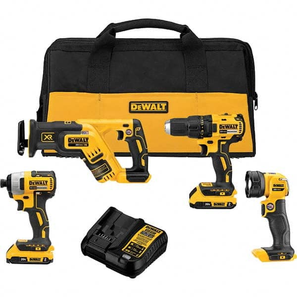 DeWALT - Cordless Tool Combination Kits Voltage: 20 Tools: Brushless 1/2" Cordless Drill/Driver; Brushless 1/4" Cordless Impact Driver; Brushless Cordless Compact Reciprocating Saw; Cordless LED Work Light - Industrial Tool & Supply