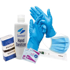 No Brand - Emergency Preparedness Kits Type: Back-to-Work Safety Kit Contents: (5) Ear Loop Masks; (5) Pair of Nitrile Gloves Size Large; Disposable Thermometer; Tissue Packet; 3.4oz Hand Sanitizer; (6) Antiseptic Towelettes - Industrial Tool & Supply