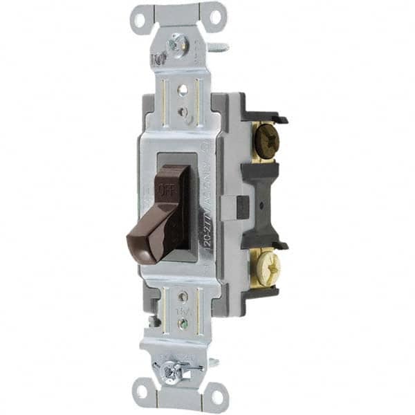 Wall & Dimmer Light Switches; Switch Type: Three Way; Switch Operation: Toggle; Color: Brown; Color: Brown; Grade: Commercial; Number of Poles: 1; Amperage: 15 A; Number Of Poles: 1; Amperage: 15 A; 15; Voltage: 120/277 VAC; Includes: Terminal Screws; Sta