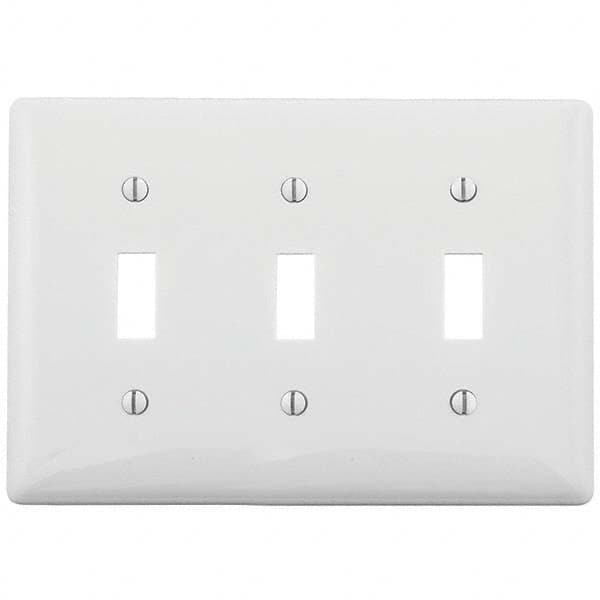 Wall Plates; Wall Plate Type: Switch Plates; Color: White; Wall Plate Configuration: Toggle Switch; Material: Thermoplastic; Shape: Rectangle; Wall Plate Size: Standard; Number of Gangs: 3; Overall Length (Inch): 4.6300; Overall Width (Decimal Inch): 6-1/
