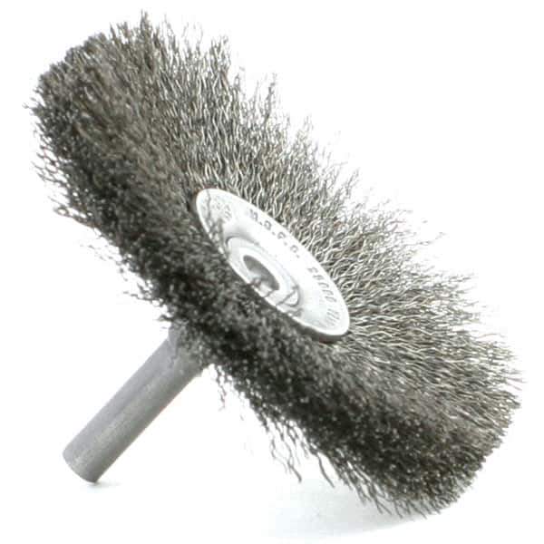 Brush Research Mfg. - 3" Brush Diam, Crimped, Flared End Brush - 1/4" Diam Steel Shank, 2,500 Max RPM - Industrial Tool & Supply