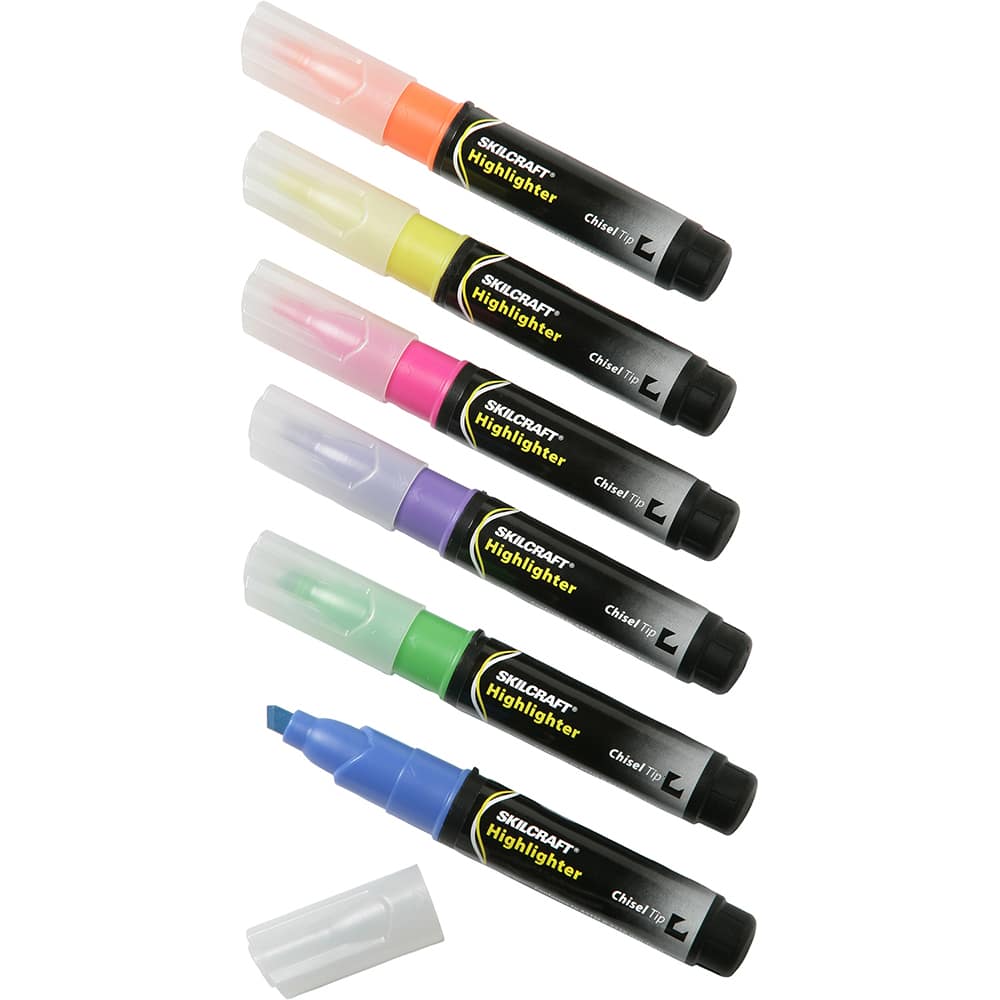 Ability One - Markers & Paintsticks; Type: Highlighter ; Color: Green; Yellow; Orange; Purple; Pink; Blue ; Ink Type: Water Base ; Tip Type: Chisel - Exact Industrial Supply