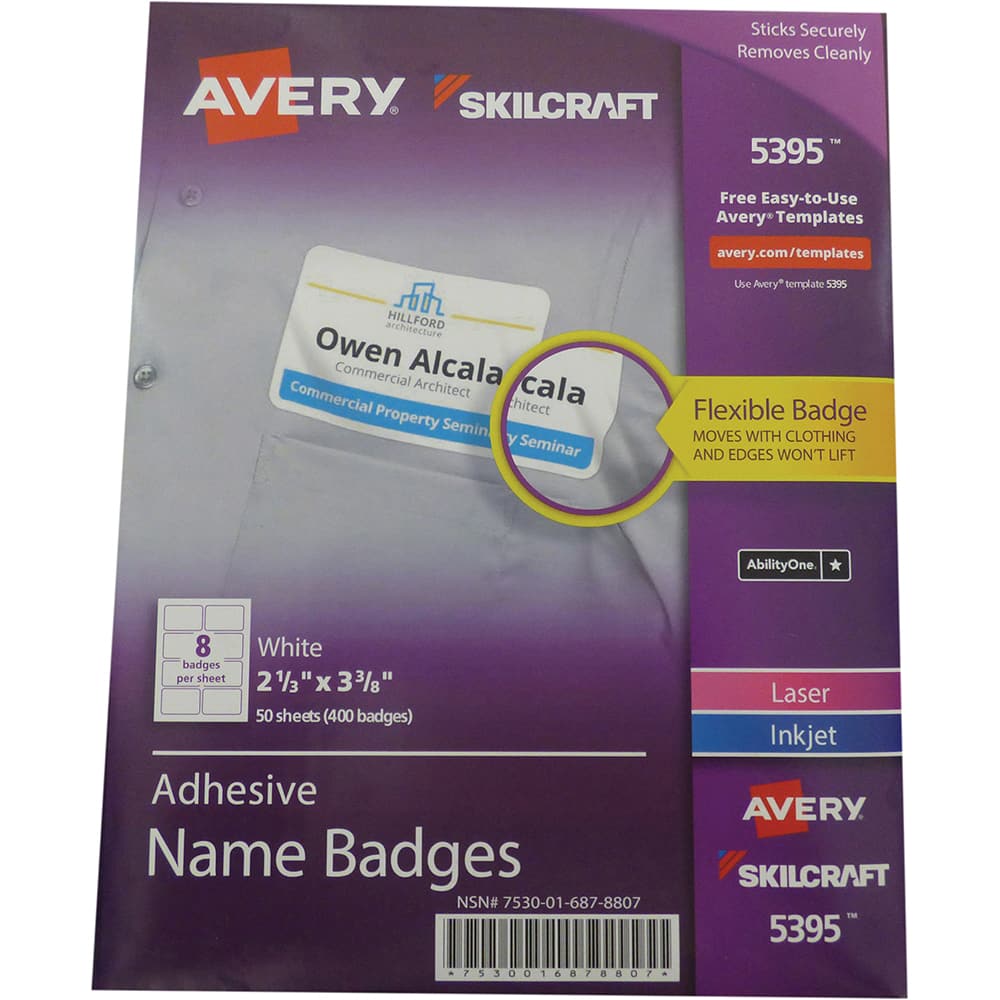 Ability One - Labels, Ribbons & Tapes; Type: Name Badge Labels ; Color: White ; For Use With: Laser & Inkjet Printers ; Width (Decimal Inch): 2.33 ; Length (Inch): 3.38 ; Number of Labels: 400 - Exact Industrial Supply