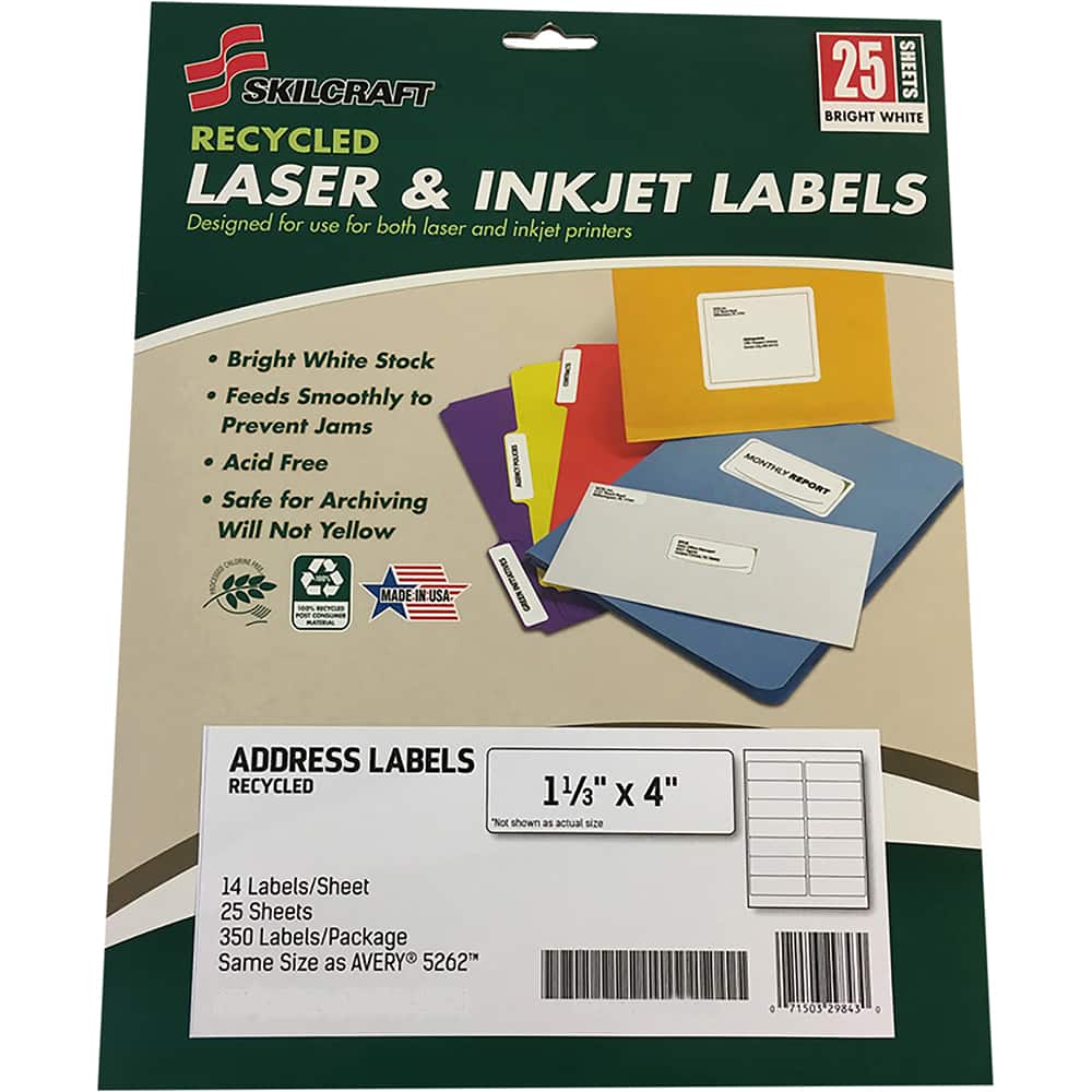 Ability One - Labels, Ribbons & Tapes; Type: Address Labels ; Color: White ; For Use With: Laser & Inkjet Printers ; Width (Decimal Inch): 1.33 ; Length (Inch): 4 ; Number of Labels: 350 - Exact Industrial Supply