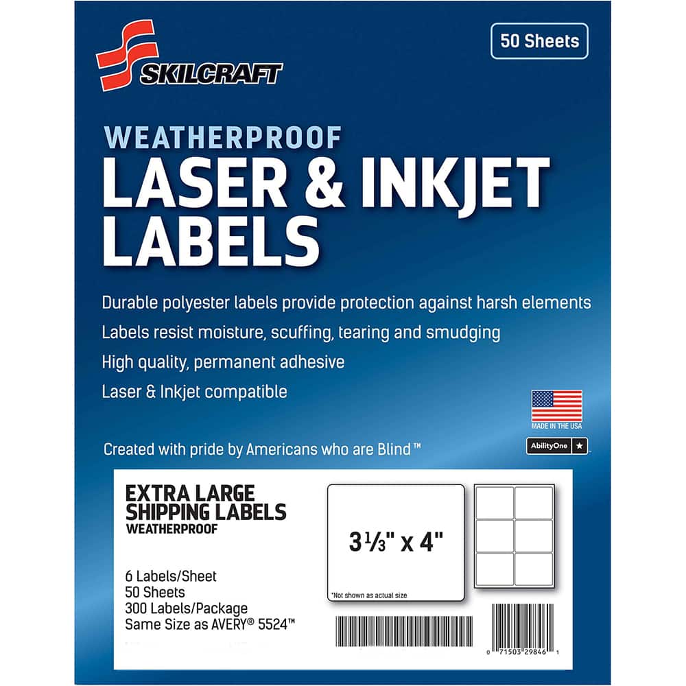 Ability One - Labels, Ribbons & Tapes; Type: Mailing Labels ; Color: White ; For Use With: Laser & Inkjet Printers ; Width (Decimal Inch): 3.33 ; Length (Inch): 4 ; Number of Labels: 500 - Exact Industrial Supply