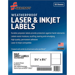 Ability One - Labels, Ribbons & Tapes; Type: Mailing Labels ; Color: White ; For Use With: Laser & Inkjet Printers ; Width (Inch): 5-1/2 ; Length (Inch): 8-1/2 ; Number of Labels: 100 - Exact Industrial Supply