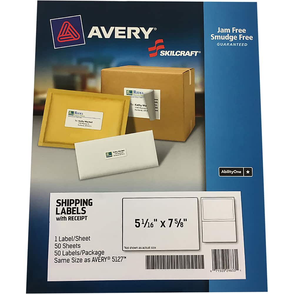 Ability One - Labels, Ribbons & Tapes; Type: Shipping Label w/Paper Receipt ; Color: White ; For Use With: Laser Printers ; Width (Inch): 5-1/16 ; Length (Inch): 7-5/8 ; Number of Labels: 50 - Exact Industrial Supply