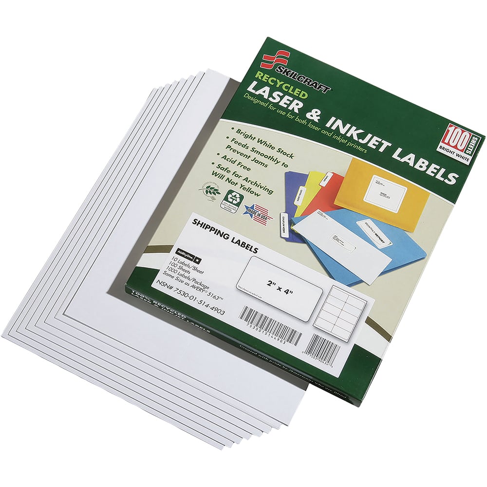 Ability One - Labels, Ribbons & Tapes; Type: Shipping Label ; Color: White ; For Use With: Laser & Inkjet Printers ; Width (Inch): 2 ; Length (Inch): 4 ; Number of Labels: 1000 - Exact Industrial Supply