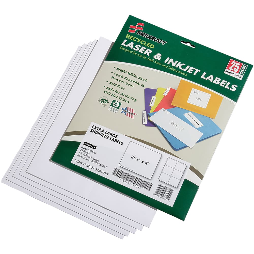 Ability One - Labels, Ribbons & Tapes; Type: Shipping Labels ; Color: White ; For Use With: Laser & Inkjet Printers ; Width (Decimal Inch): 3.33 ; Length (Inch): 4 ; Number of Labels: 25 - Exact Industrial Supply