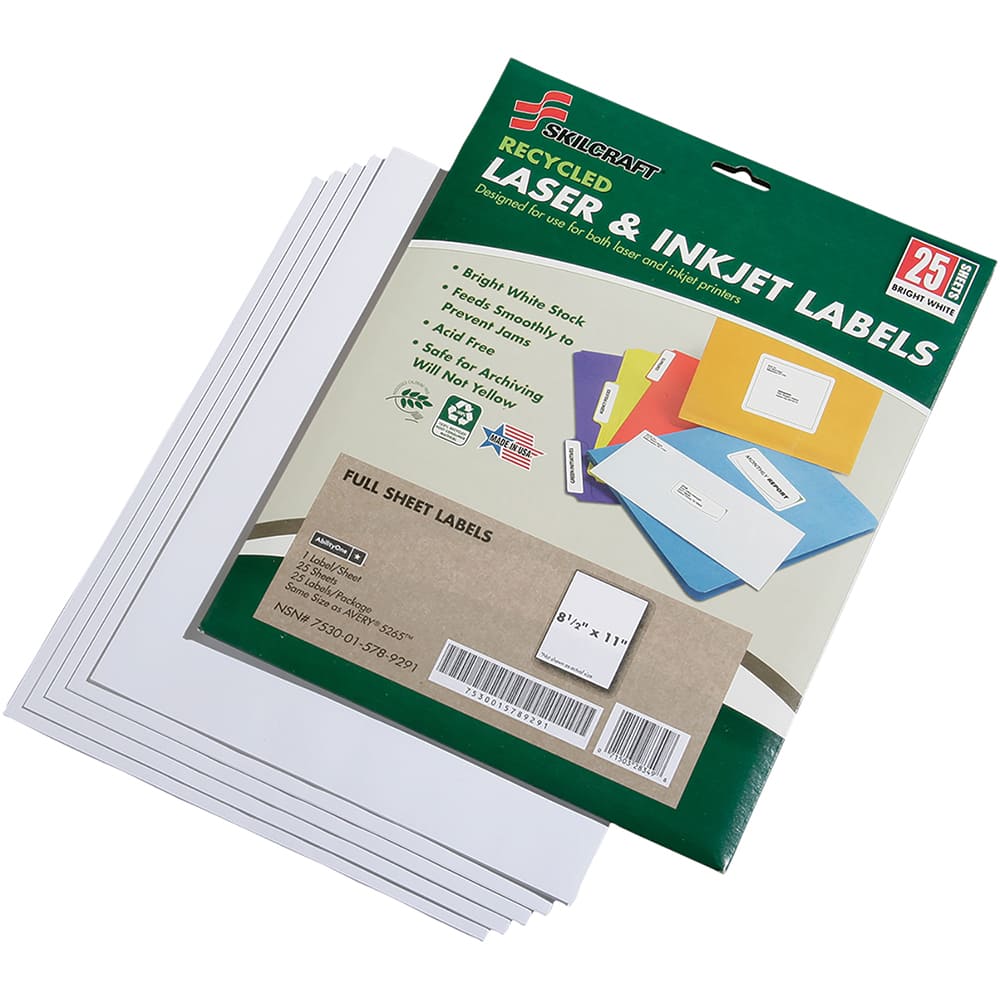 Ability One - Labels, Ribbons & Tapes; Type: Labels ; Color: White ; For Use With: Laser & Inkjet Printers ; Width (Inch): 8-1/2 ; Length (Inch): 11 ; Number of Labels: 25 - Exact Industrial Supply