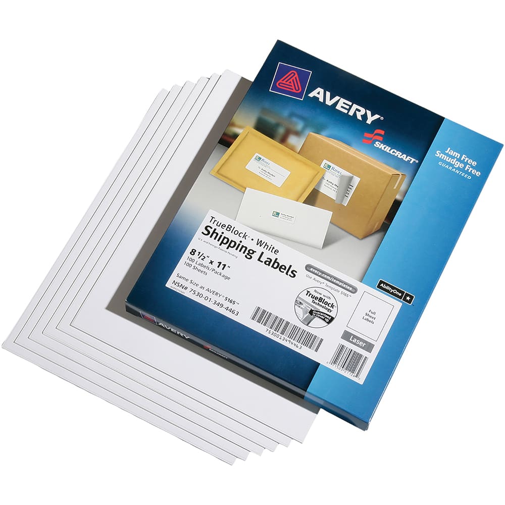 Ability One - Labels, Ribbons & Tapes; Type: Shipping Labels ; Color: White ; For Use With: Laser Printers ; Width (Inch): 8-1/2 ; Length (Inch): 11 ; Number of Labels: 100 - Exact Industrial Supply