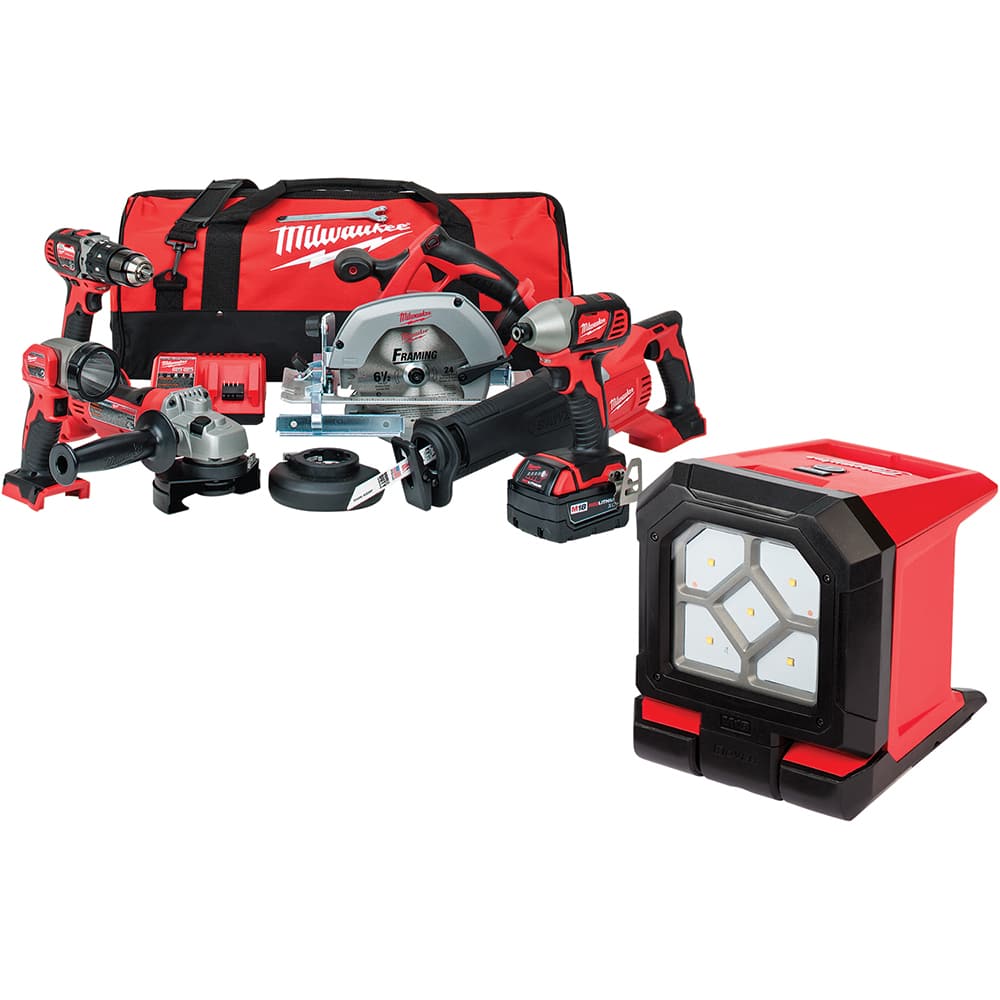 Milwaukee Tool - Cordless Tool Combination Kits; Voltage: 18 ; Tools: 1/2" Hammer Drill/Driver; 1/4" Impact Driver; Circular Saw; Grinder; Reciprocating Saw ; Battery Chemistry: Lithium-Ion ; Battery Series: M18 XC RED ; Battery Included: Yes ; Number of - Exact Industrial Supply