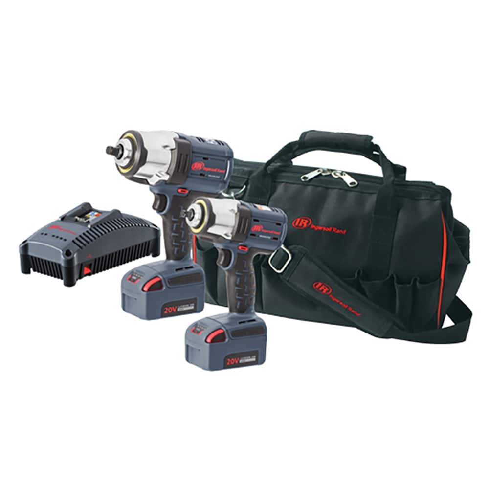 Ingersoll-Rand - Cordless Tool Combination Kits; Voltage: 20 ; Tools: 1/2" High Torque Impact Wrench; 3/8" Compact Impact Wrench ; Battery Chemistry: Lithium Ion ; Battery Included: Yes ; Number of Batteries: 2 ; Power Source: Battery w/Charger; Lithium- - Exact Industrial Supply