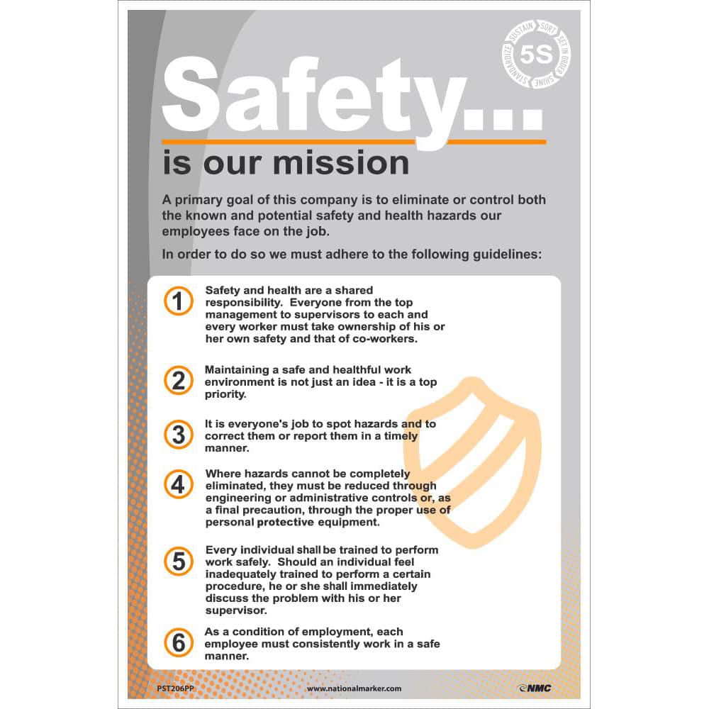 NMC - Training & Safety Awareness Posters; Subject: Teamwork ; Training Program Title: 5S; Office Safety ; Message: Safety Is Our Mission ; Series: Safety & Health ; Language: English ; Background Color: Gray; White - Exact Industrial Supply