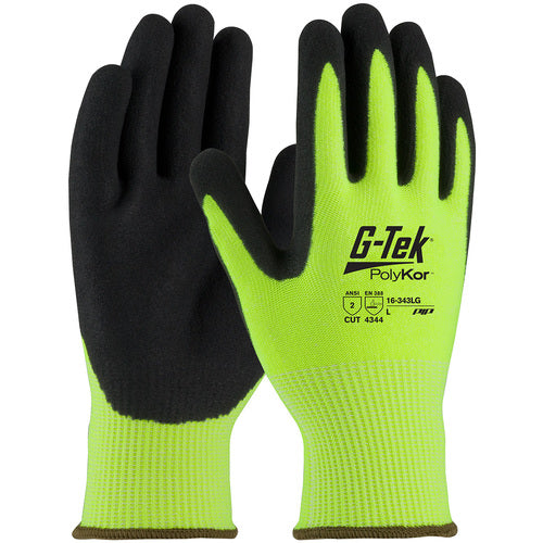 ‎16-343LG/S Coated Gloves w/Polykor - G-Tek PolyKor - HV Lime G 13G Shell - DD Nitrile MicroSurface Grip - A2 - Exact Industrial Supply