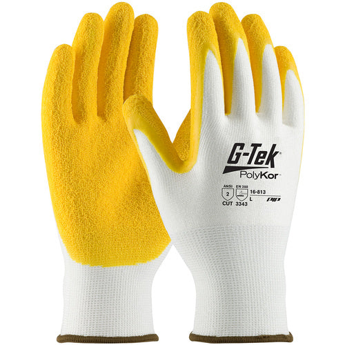 ‎16-813/M Coated Gloves w/Polykor - G-Tek PolyKor - White 13G Shell - Yellow Latex Coat Crinkle Grip - A2 - Exact Industrial Supply
