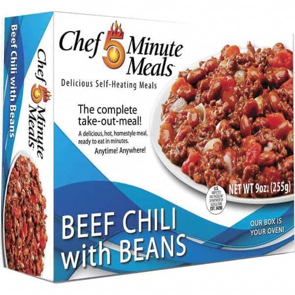 Chef Minute Meals - Emergency Preparedness Supplies Type: Ready-to-Eat Beef Chili Meal Contents/Features: Heater Pad & Activator Solution; Cutlery Kit w/Utensils, Salt & Pepper Packets; 9-oz Entr e - Industrial Tool & Supply