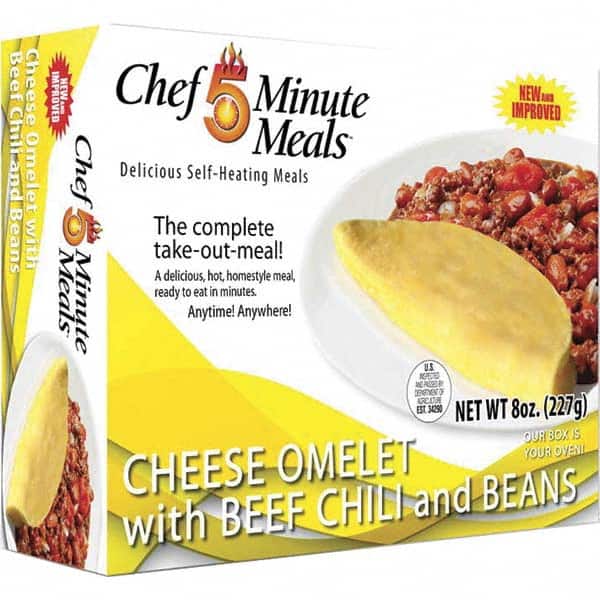 Chef Minute Meals - Emergency Preparedness Supplies Type: Ready-to-Eat Omelette and Chili Meal Contents/Features: Heater Pad & Activator Solution; Cutlery Kit w/Utensils, Salt & Pepper Packets; 9-oz Entr e - Industrial Tool & Supply