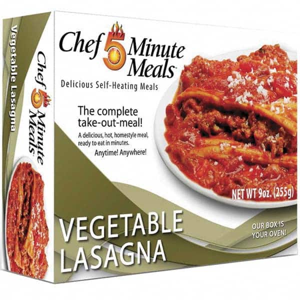 Chef Minute Meals - Emergency Preparedness Supplies Type: Ready-to-Eat Vegetable Lasagna Meal Contents/Features: Heater Pad & Activator Solution; Cutlery Kit w/Utensils, Salt & Pepper Packets; 9-oz Entr e - Industrial Tool & Supply