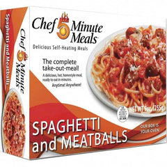 Chef Minute Meals - Emergency Preparedness Supplies Type: Ready-to-Eat Spaghetti and Meat Ball Meal Contents/Features: Heater Pad & Activator Solution; Cutlery Kit w/Utensils, Salt & Pepper Packets; 9-oz Entr e - Industrial Tool & Supply