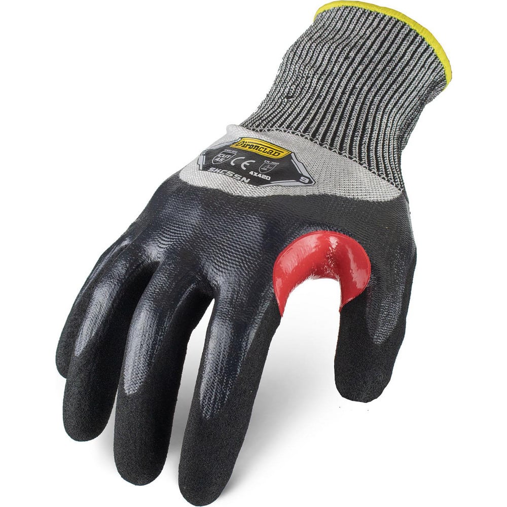 Puncture-Resistant Gloves:  Size  X-Small,  ANSI Cut  A5,  ANSI Puncture  4,  Nitrile,  HPPE Steel Blended Knit Black & Gray,  Palm, Fingers & Knuckles Coated,  Unlined Lined,  HPPE Fiber/Stainless Steel Back,  Sandy Grip,  ANSI Abrasion  Not Tested