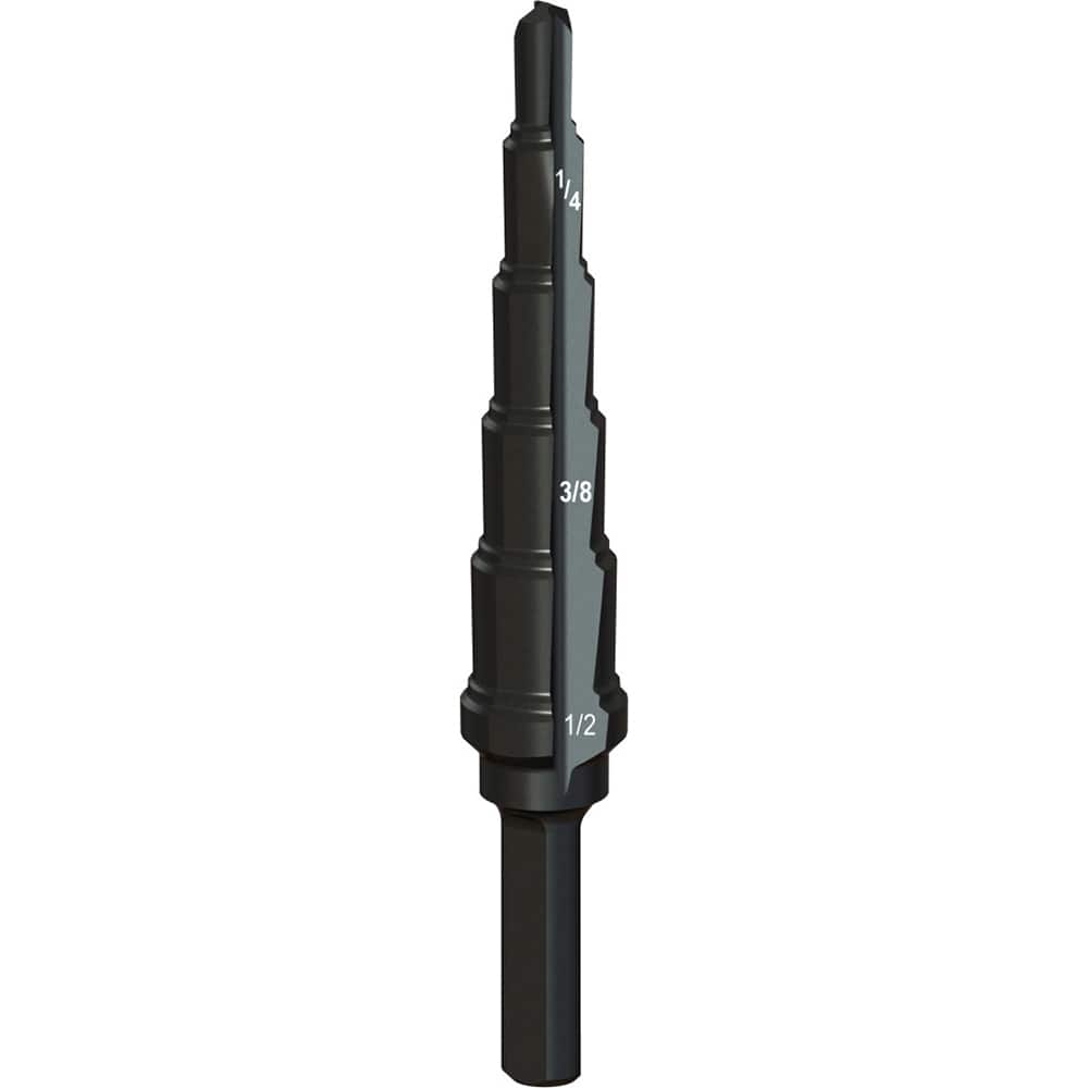 Greenlee - Step Drill Bits; Minimum Hole Diameter (Inch): 3/16 ; Maximum Hole Diameter (Inch): 1/2 ; Drill Bit Material: Steel ; Drill Bit Finish/Coating: Steam Oxide ; Number of Hole Sizes: 6 ; Shank Type: 3-Flat - Exact Industrial Supply