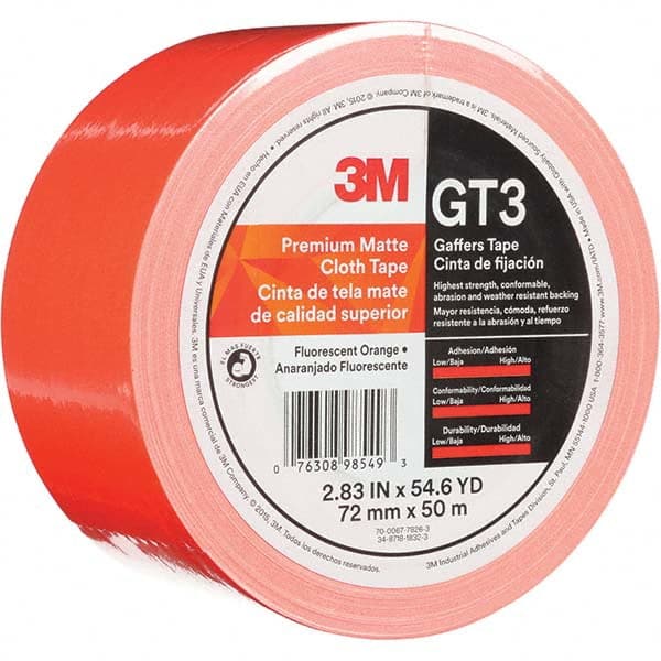 3M - 50m x 72mm x 11 mil Fluorescent Orange Cotton Cloth Gaffers Tape - Industrial Tool & Supply