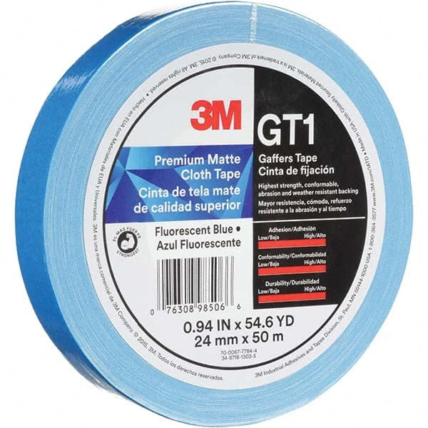 3M - 50m x 24mm x 11 mil Fluorescent Blue Cotton Cloth Gaffers Tape - Industrial Tool & Supply