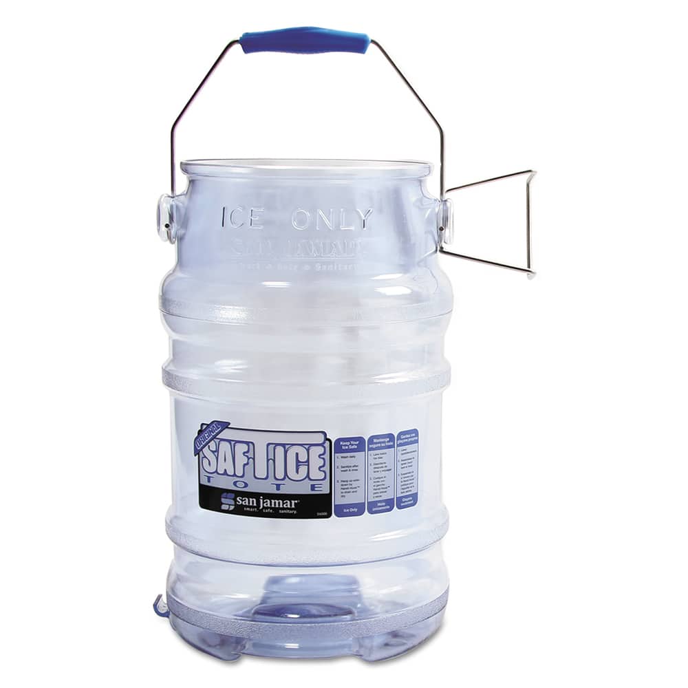 San Jamar - Portable Coolers; Color: Transparent Blue ; Material: Plastic ; Depth (Inch): 13 ; Width/Diameter (Inch): 8-7/8 ; Special Item Information: Tri-Grip? Design Reduces Back Injuries ; Includes: (1) Tote - Exact Industrial Supply