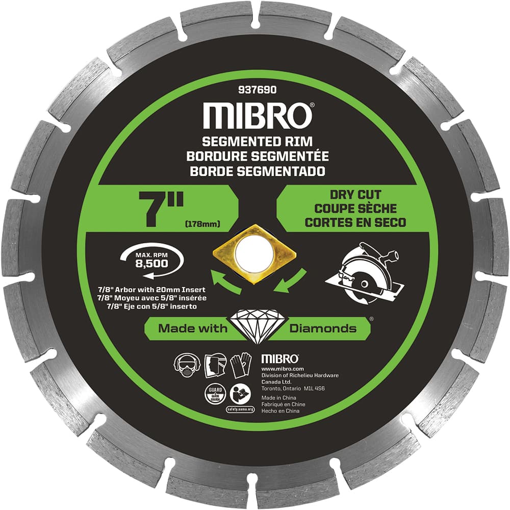 Mibro - Wet & Dry-Cut Saw Blades; Blade Diameter (Inch): 7 ; Blade Material: Diamond Matrix ; Arbor Style: Round w/ Diamond Knockout ; Arbor Hole Diameter (mm): 20.00 ; Application: Tile ; Number of Teeth: 14 - Exact Industrial Supply