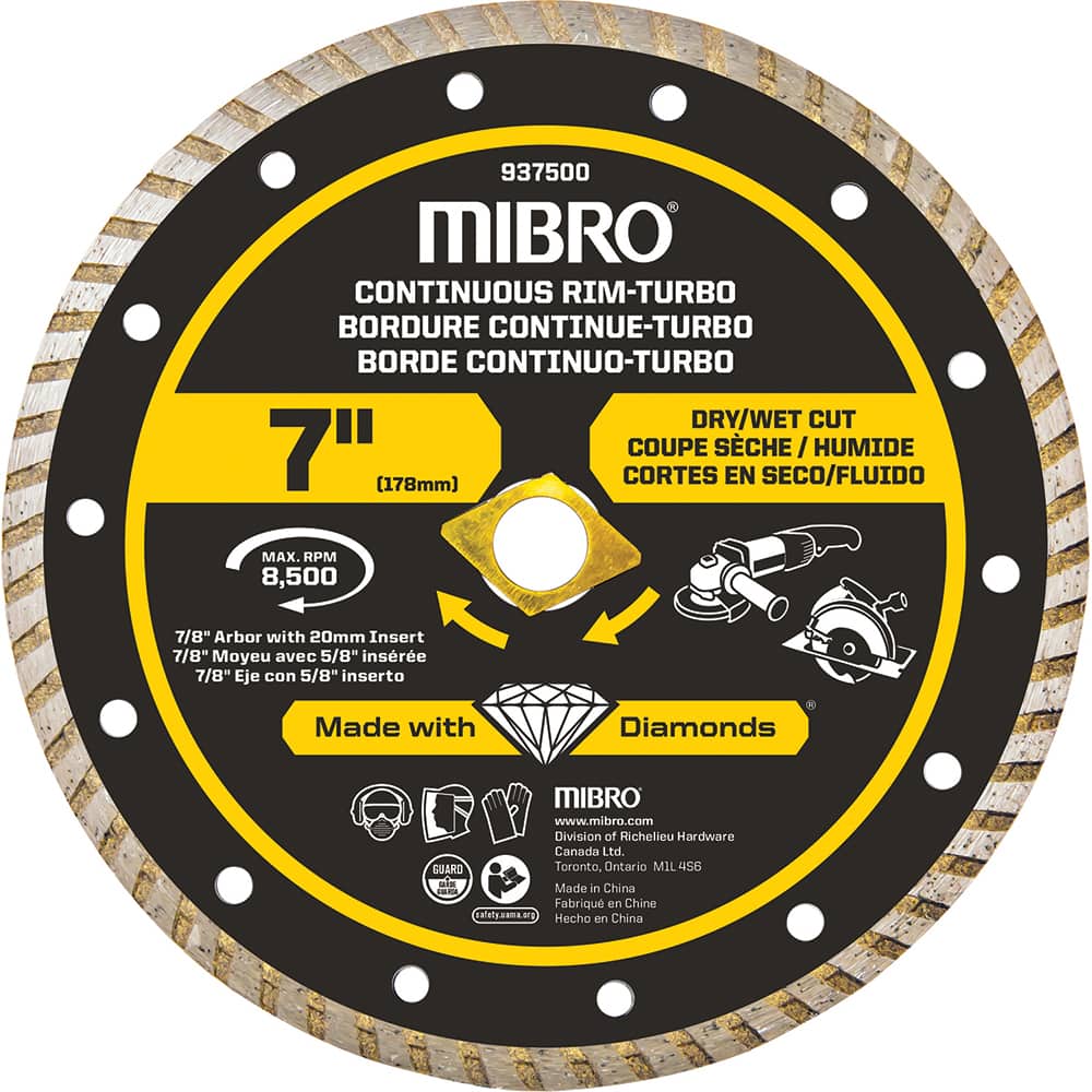 Mibro - Wet & Dry-Cut Saw Blades; Blade Diameter (Inch): 7 ; Blade Material: Diamond Matrix ; Arbor Style: Round w/ Diamond Knockout ; Arbor Hole Diameter (mm): 20.00 ; Application: Tile ; Number of Teeth: Continuous Edge - Exact Industrial Supply