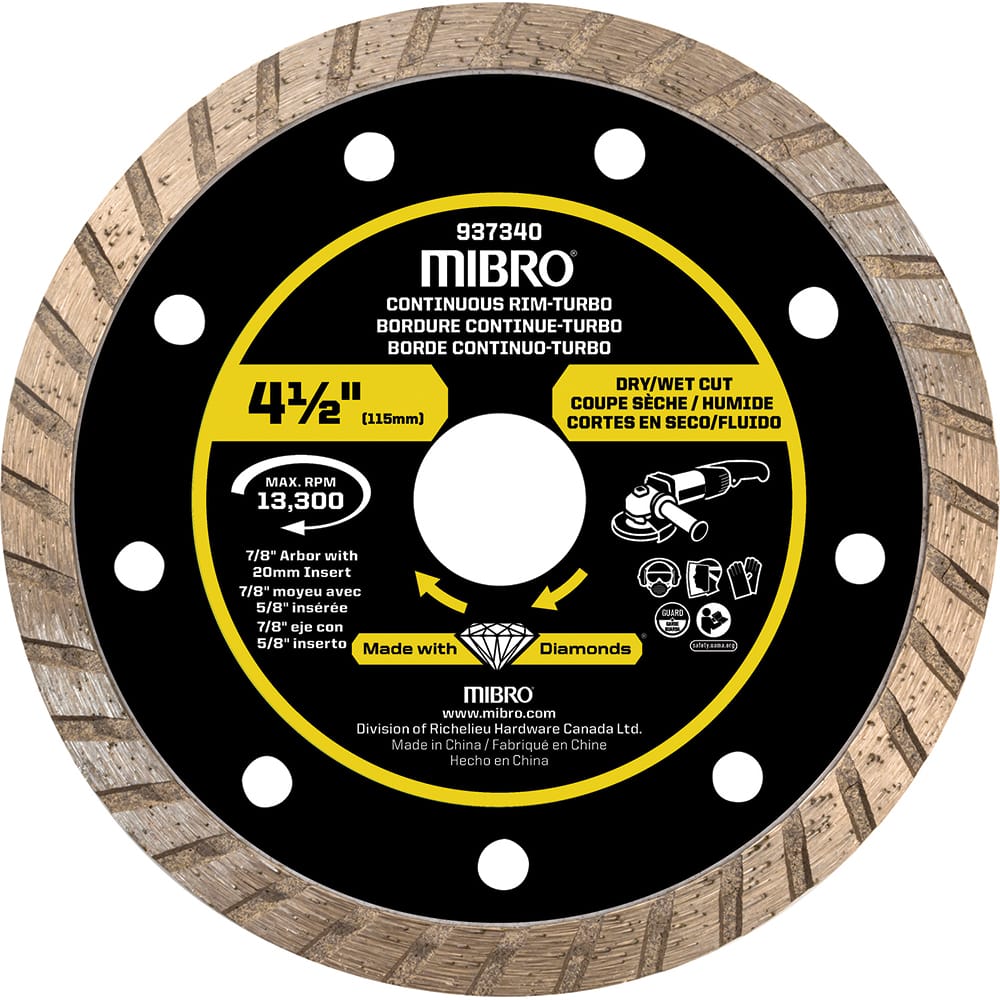 Mibro - Wet & Dry-Cut Saw Blades; Blade Diameter (Inch): 4-1/2 ; Blade Material: Diamond Matrix ; Arbor Style: Round w/ Diamond Knockout ; Arbor Hole Diameter (mm): 20.00 ; Application: Tile ; Number of Teeth: Continuous Edge - Exact Industrial Supply