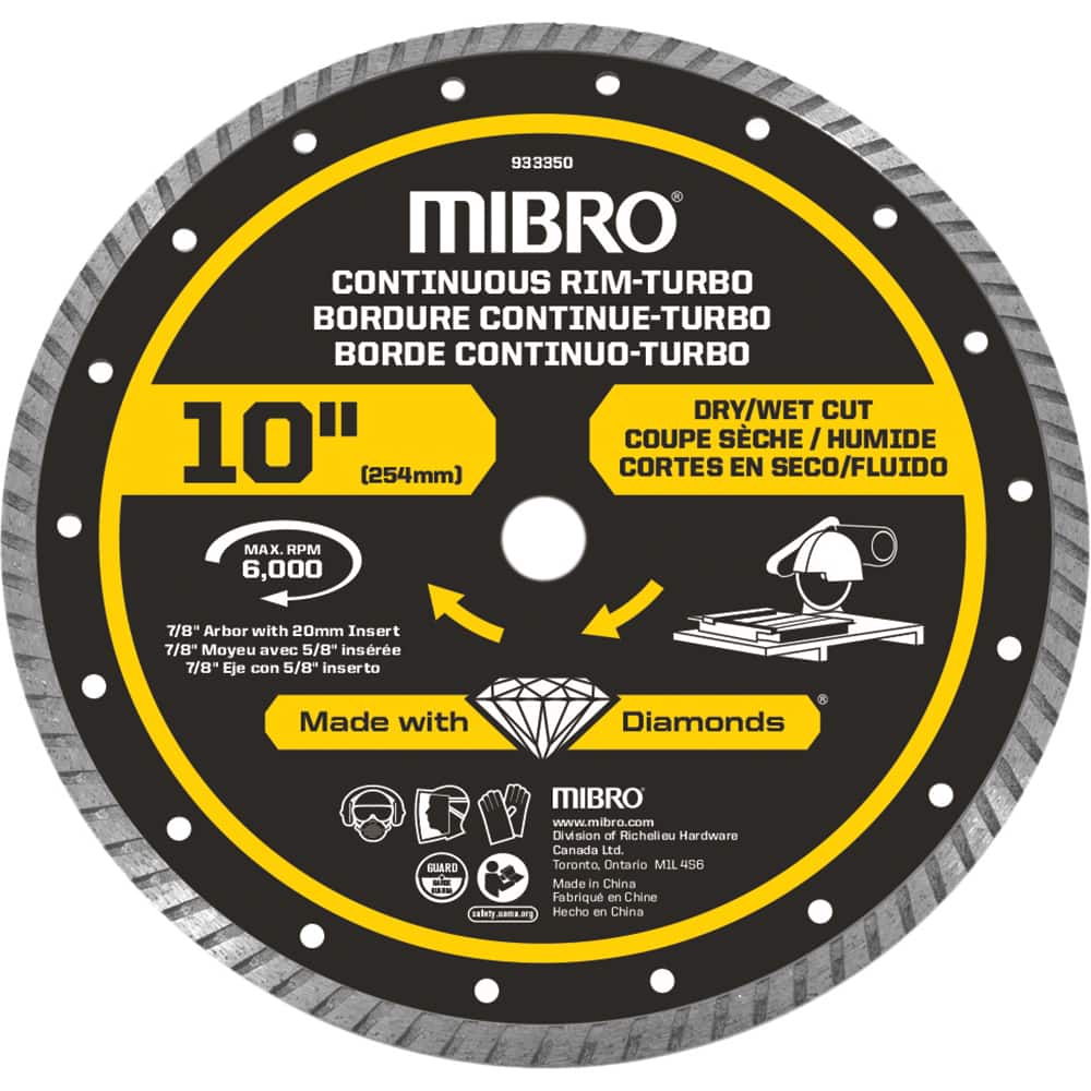 Mibro - Wet & Dry-Cut Saw Blades; Blade Diameter (Inch): 10 ; Blade Material: Diamond Matrix ; Arbor Style: Round w/ Diamond Knockout ; Arbor Hole Diameter (mm): 20.00 ; Application: Tile ; Number of Teeth: Continuous Edge - Exact Industrial Supply