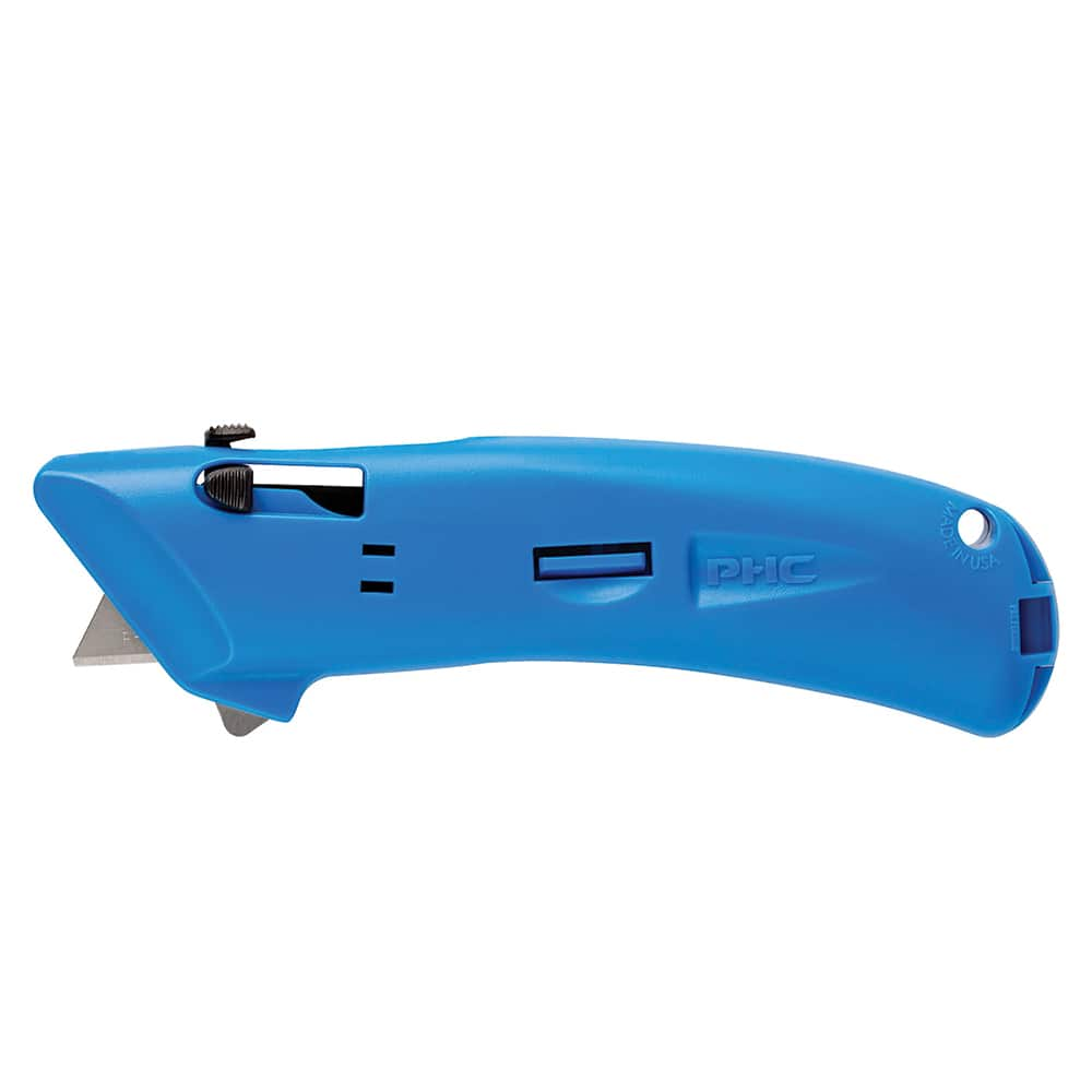 PHC - Utility Knives, Snap Blades & Box Cutters; Type: Safety Cutter ; Blade Type: Auto-Retracting; Steel ; Number of Blades Included: 1 ; Number of Blades: 1 ; Handle Material: Plastic ; Color: Blue - Exact Industrial Supply