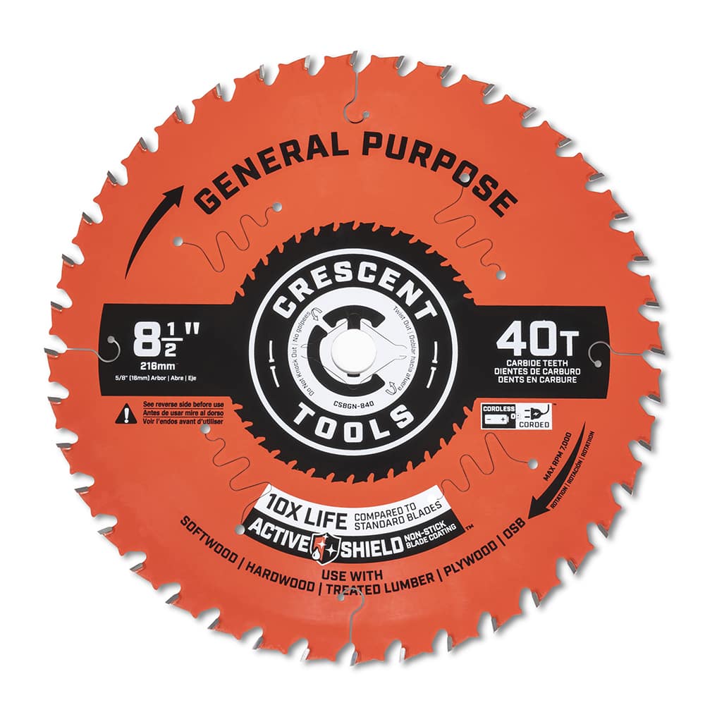 Wet & Dry Cut Saw Blade: 8-1/2″ Dia, 5/8″ Arbor Hole, 0.094″ Kerf Width, 40 Teeth Use on General Purpose, Round with Diamond Knockout Arbor
