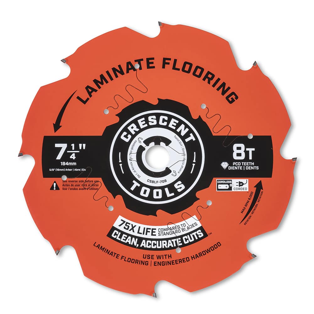 Wet & Dry Cut Saw Blade: 7-1/4″ Dia, 5/8″ Arbor Hole, 0.071″ Kerf Width, 8 Teeth Use on Laminate Flooring Cutting, Round with Diamond Knockout Arbor