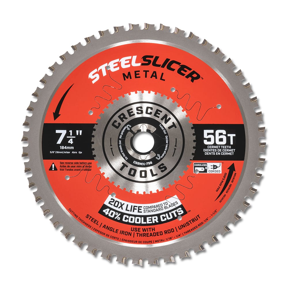 Wet & Dry Cut Saw Blade: 7-1/4″ Dia, 5/8″ Arbor Hole, 0.079″ Kerf Width, 56 Teeth Use on Metal Cutting, Round with Diamond Knockout Arbor