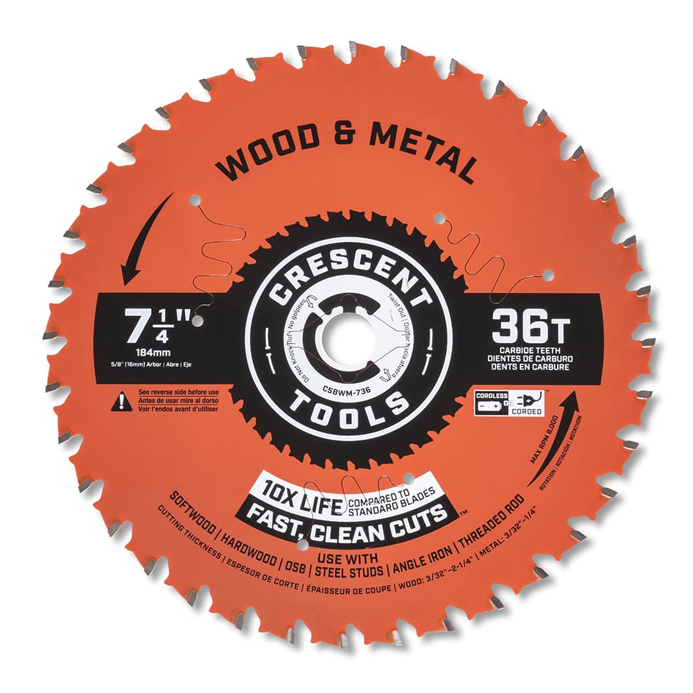 Wet & Dry Cut Saw Blade: 7-1/4″ Dia, 5/8″ Arbor Hole, 0.067″ Kerf Width, 36 Teeth Use on Wood & Metal Cutting, Round with Diamond Knockout Arbor